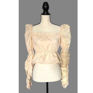 Nasty Gal NWT Ruched Puff Sleeve Square Neck Top Sz 0 Cream Poplin Cotton